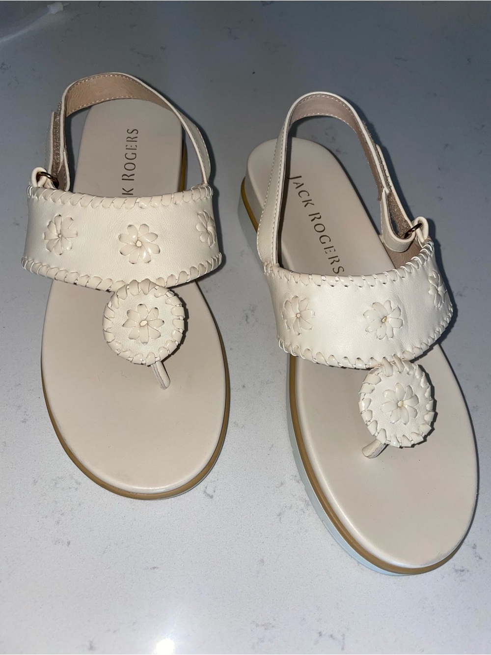 Jack Rogers Cream Leather Slingback Sandals with Floral Medallions